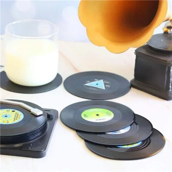 Retro Vinyl Record Coasters with Vinyl Record Player Holder - Set of 6 - Picture 3 of 4